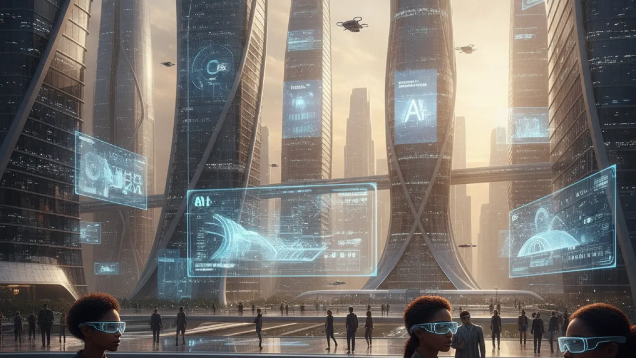 2027 tech news preview featuring futuristic city with AI and holographic technology